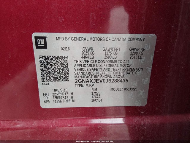 Продажа на аукционе авто 2018 Chevrolet Equinox Lt, vin: 2GNAXJEV0J6288435, номер лота: 46057441