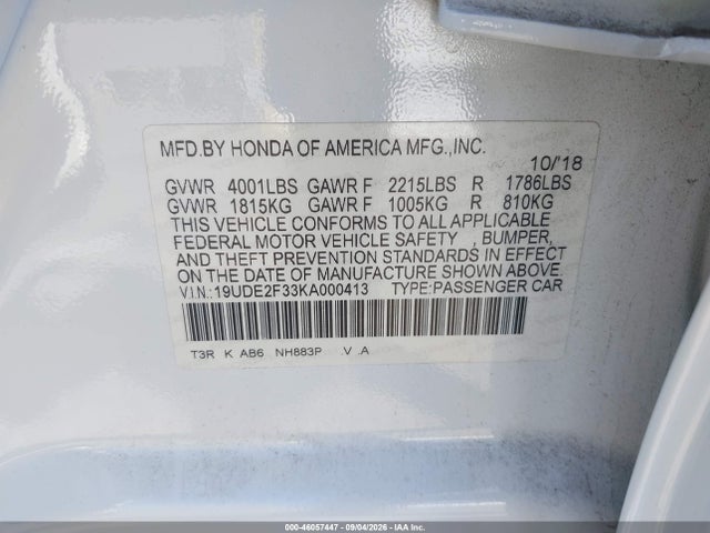 Auction sale of the 2019 Acura Ilx Standard, vin: 19UDE2F33KA000413, lot number: 46057447