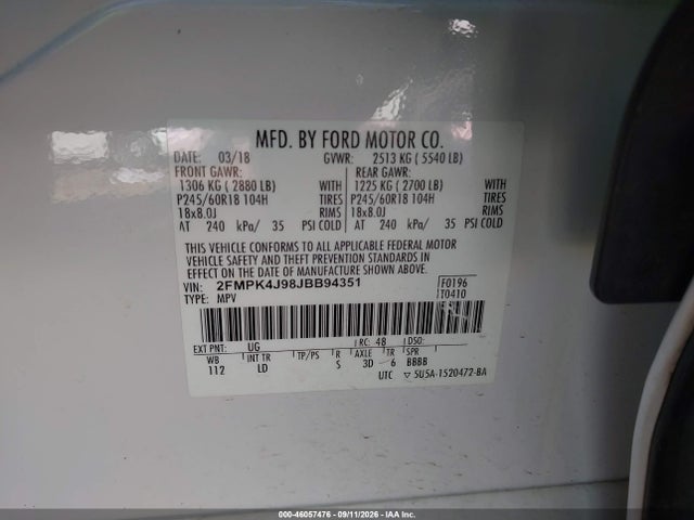 Продаж на аукціоні авто 2018 Ford Edge Sel, vin: 2FMPK4J98JBB94351, номер лоту: 46057476
