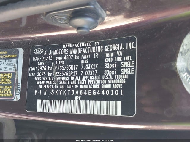 46057486 :رقم المزاد ، 5XYKT3A64EG440101 vin ، 2014 Kia Sorento Lx مزاد بيع
