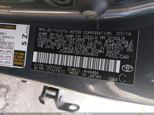 Toyota Prius Three Touring 2016 JTDKARFU5G3026803 Image 9