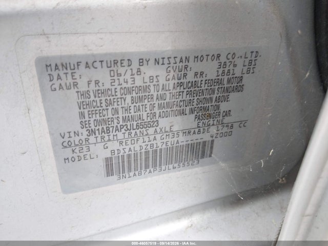 Продаж на аукціоні авто 2018 Nissan Sentra Sv, vin: 3N1AB7AP3JL655523, номер лоту: 46057519