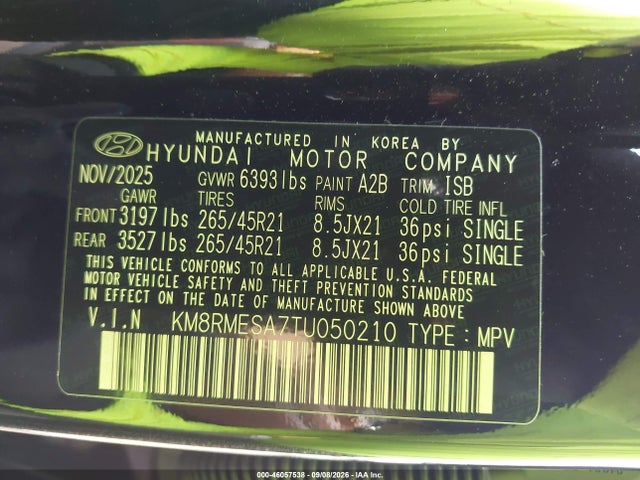2026 Hyundai Palisade Hev Calligraphy მანქანა იყიდება აუქციონზე, vin: KM8RMESA7TU050210, აუქციონის ნომერი: 46057538