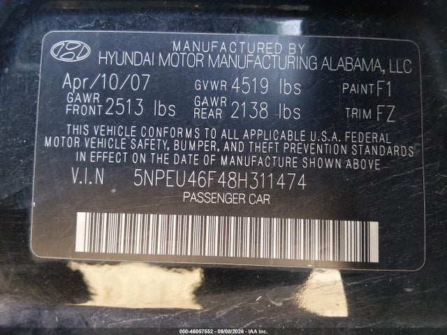 2008 Hyundai Sonata Limited V6/se V6 მანქანა იყიდება აუქციონზე, vin: 5NPEU46F48H311474, აუქციონის ნომერი: 46057552