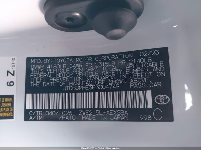 Продажа на аукционе авто 2023 Toyota Corolla Hybrid Se, vin: JTDBDMHE3P3004749, номер лота: 46057571