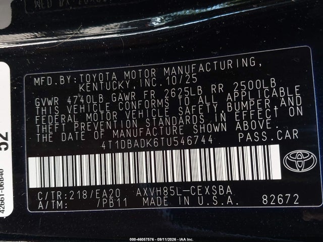 2026 Toyota Camry Se მანქანა იყიდება აუქციონზე, vin: 4T1DBADK6TU546744, აუქციონის ნომერი: 46057576