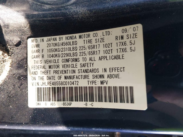 46057578 :رقم المزاد ، JHLRE48558C010472 vin ، 2008 Honda Cr-v Ex مزاد بيع