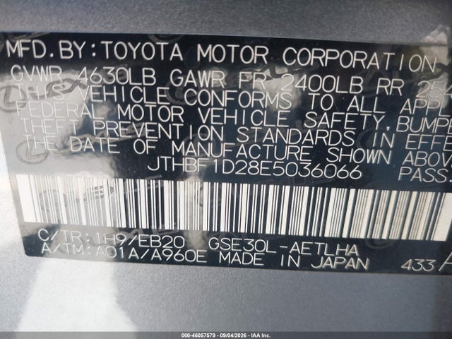 Aukcja sprzedaży 2014 Lexus Is 250, vin: JTHBF1D28E5036066, numer aukcji: 46057579