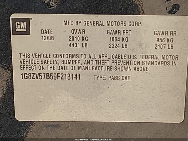 2009 Saturn Aura Xr მანქანა იყიდება აუქციონზე, vin: 1G8ZV57B59F213141, აუქციონის ნომერი: 46057581