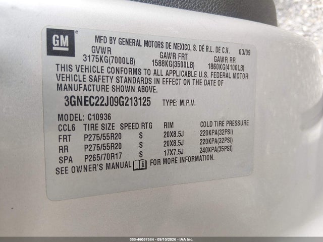 2009 Chevrolet Avalanche 1500 Lt2 მანქანა იყიდება აუქციონზე, vin: 3GNEC22J09G213125, აუქციონის ნომერი: 46057584