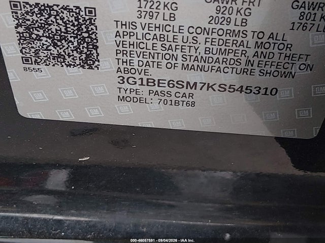 2019 Chevrolet Cruze Lt მანქანა იყიდება აუქციონზე, vin: 3G1BE6SM7KS545310, აუქციონის ნომერი: 46057591