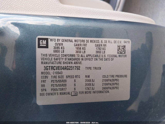 46057595 :رقم المزاد ، 3GTRCVE04AG231792 vin ، 2010 Gmc Sierra 1500 Sle مزاد بيع