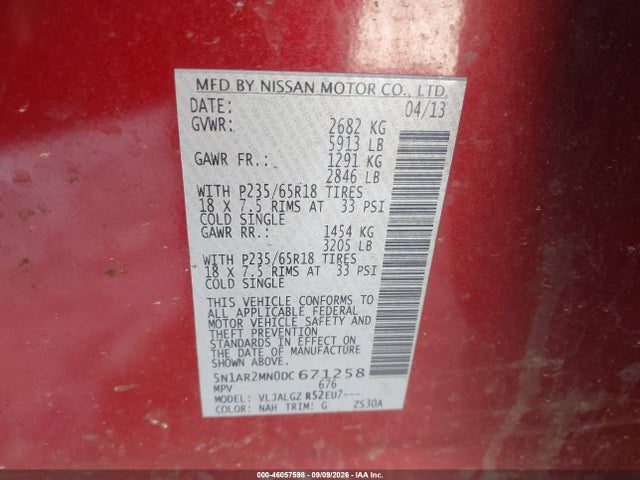 46057598 :رقم المزاد ، 5N1AR2MN0DC671258 vin ، 2013 Nissan Pathfinder Sl مزاد بيع