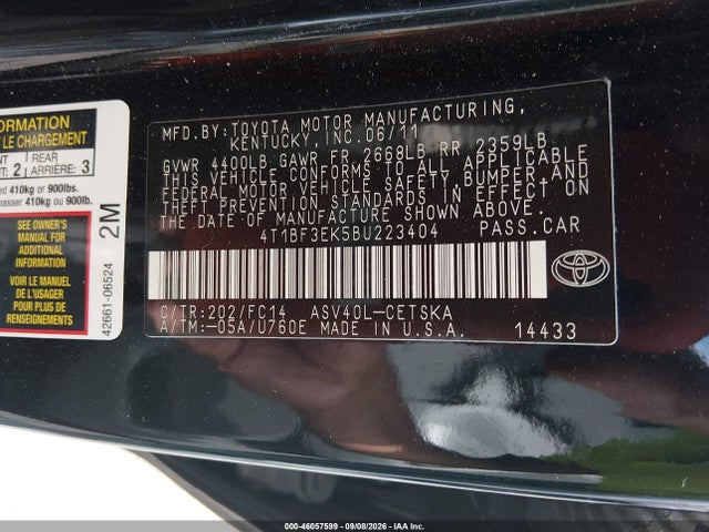 2011 Toyota Camry Se მანქანა იყიდება აუქციონზე, vin: 4T1BF3EK5BU223404, აუქციონის ნომერი: 46057599