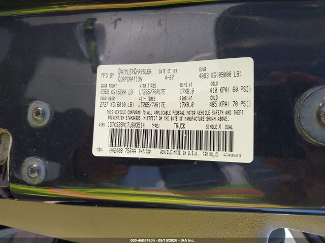 Aukcja sprzedaży 2007 Dodge Ram 2500 Laramie, vin: 1D7KS28A17J603514, numer aukcji: 46057604