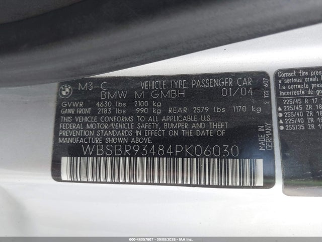 Aukcja sprzedaży 2004 Bmw M3, vin: WBSBR93484PK06030, numer aukcji: 46057607