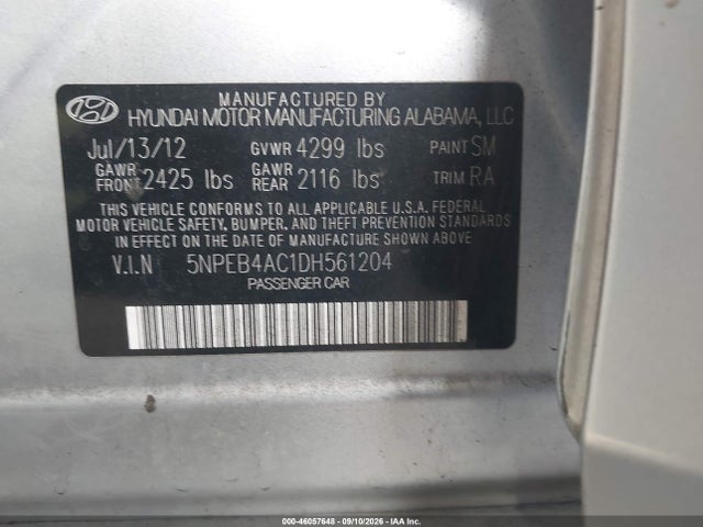 Продажа на аукционе авто 2013 Hyundai Sonata Gls, vin: 5NPEB4AC1DH561204, номер лота: 46057648