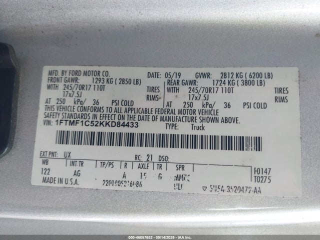 Продаж на аукціоні авто 2019 Ford F-150 Xl, vin: 1FTMF1C52KKD84433, номер лоту: 46057652