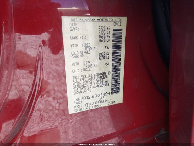 Продаж на аукціоні авто 2012 Nissan Titan S, vin: 1N6BA0EK2CN303494, номер лоту: 46057683