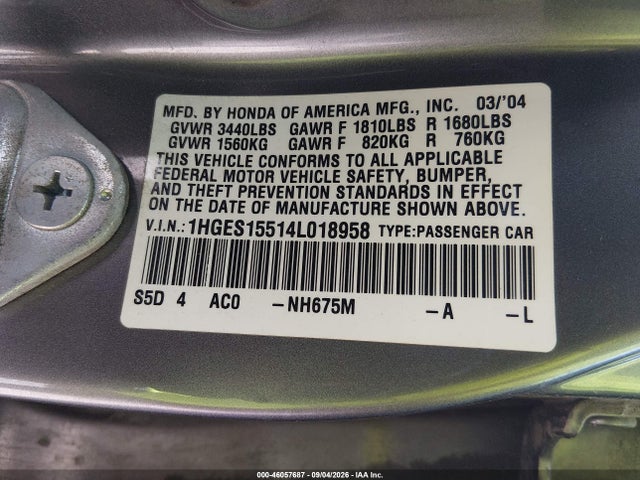 Продаж на аукціоні авто 2004 Honda Civic Lx, vin: 1HGES15514L018958, номер лоту: 46057687