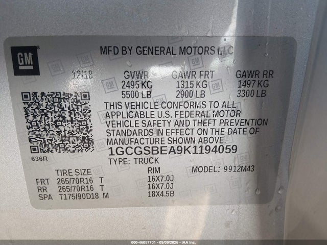 Aukcja sprzedaży 2019 Chevrolet Colorado Wt, vin: 1GCGSBEA9K1194059, numer aukcji: 46057701