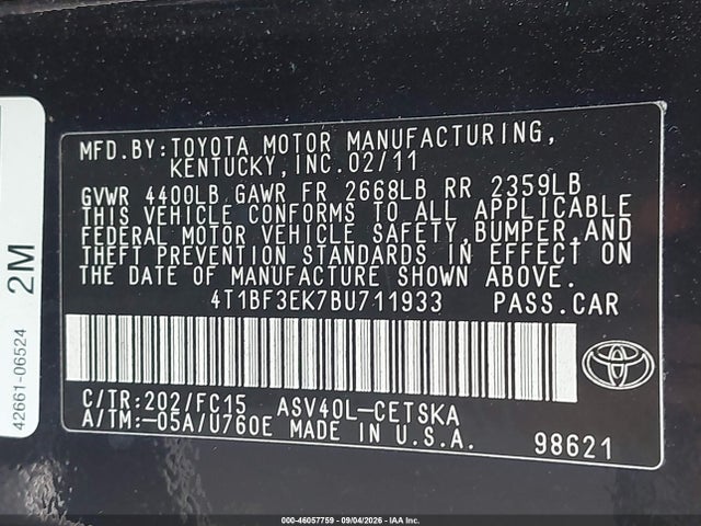 46057759 :رقم المزاد ، 4T1BF3EK7BU711933 vin ، 2011 Toyota Camry Se مزاد بيع