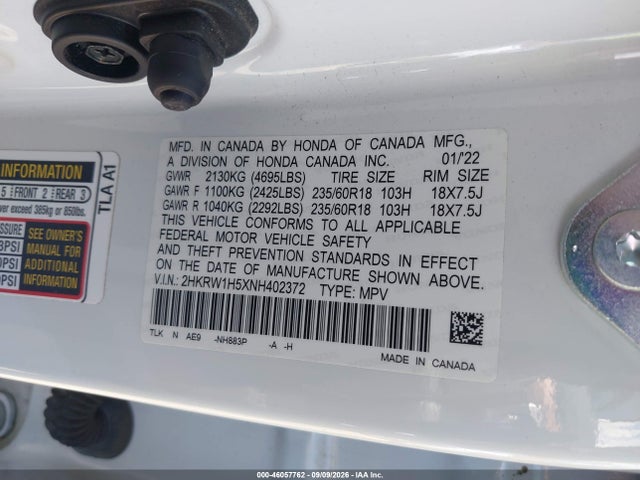 46057762 :رقم المزاد ، 2HKRW1H5XNH402372 vin ، 2022 Honda Cr-v 2wd Ex مزاد بيع