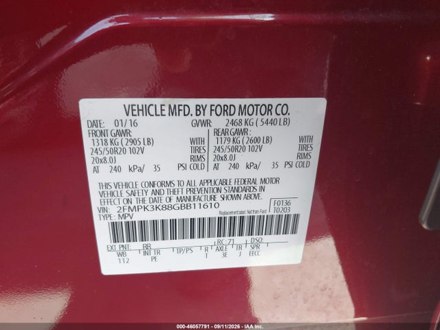 2016 Ford Edge Titanium მანქანა იყიდება აუქციონზე, vin: 2FMPK3K88GBB11610, აუქციონის ნომერი: 46057791