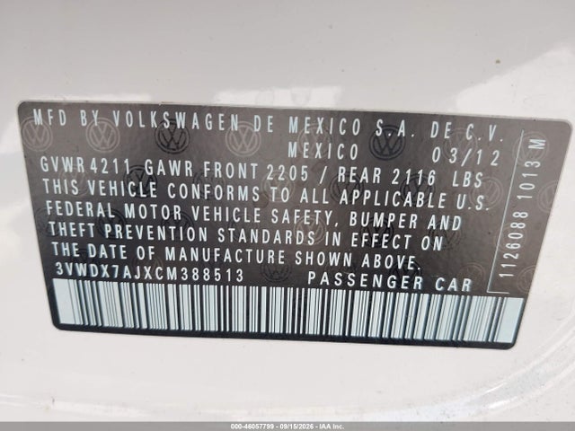 2012 Volkswagen Jetta 2.5l Se მანქანა იყიდება აუქციონზე, vin: 3VWDX7AJXCM388513, აუქციონის ნომერი: 46057799