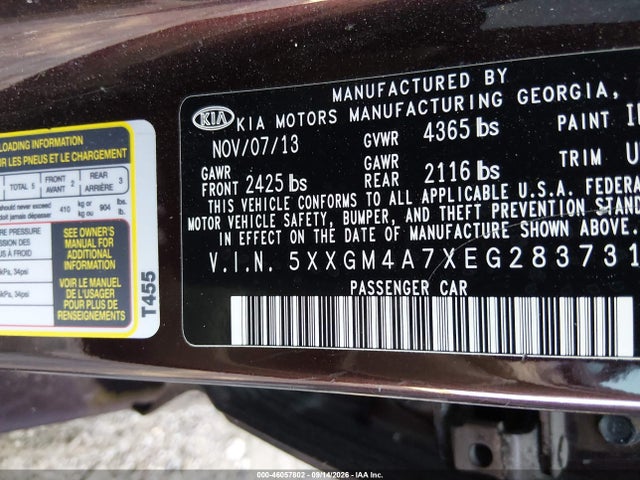 2014 Kia Optima Lx მანქანა იყიდება აუქციონზე, vin: 5XXGM4A7XEG283731, აუქციონის ნომერი: 46057802