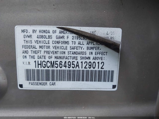 2005 Honda Accord 2.4 Lx მანქანა იყიდება აუქციონზე, vin: 1HGCM56495A129012, აუქციონის ნომერი: 46057820