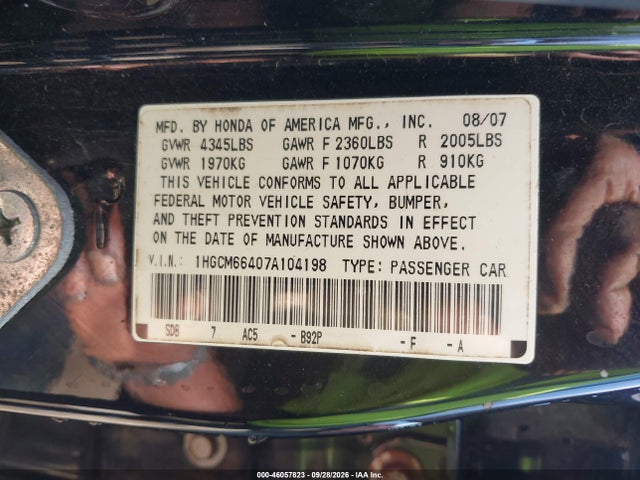 2007 Honda Accord 3.0 Se მანქანა იყიდება აუქციონზე, vin: 1HGCM66407A104198, აუქციონის ნომერი: 46057823