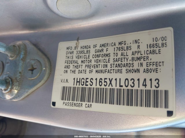 Aukcja sprzedaży 2001 Honda Civic Lx, vin: 1HGES165X1L031413, numer aukcji: 46057833