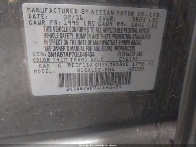 Продаж на аукціоні авто 2016 Nissan Sentra Fe+ S/s/sl/sr/sv, vin: 3N1AB7AP7GL648454, номер лоту: 46057837
