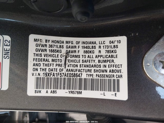 Продаж на аукціоні авто 2010 Honda Civic Lx, vin: 19XFA1F57AE058647, номер лоту: 46057841