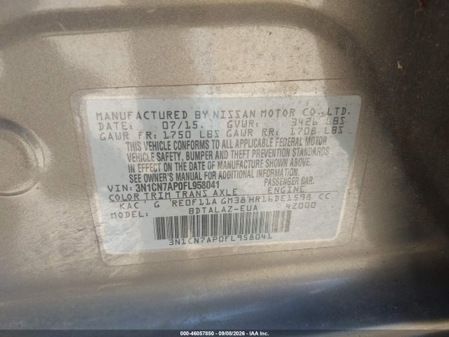 Продаж на аукціоні авто 2015 Nissan Versa 1.6 S+, vin: 3N1CN7AP0FL958041, номер лоту: 46057850