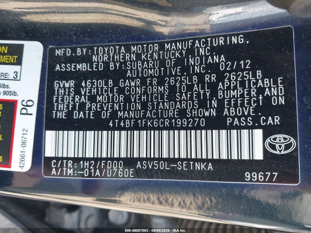 2012 Toyota Camry Le მანქანა იყიდება აუქციონზე, vin: 4T4BF1FK6CR199270, აუქციონის ნომერი: 46057863