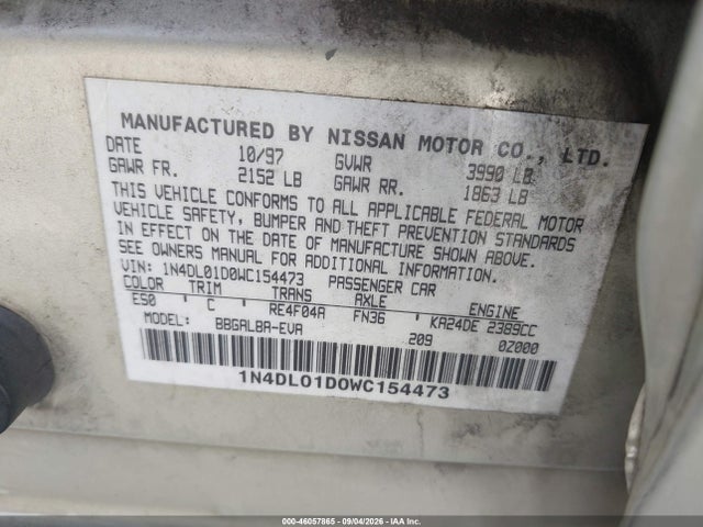 46057865 :رقم المزاد ، 1N4DL01D0WC154473 vin ، 1998 Nissan Altima Gle/gxe/se/xe مزاد بيع