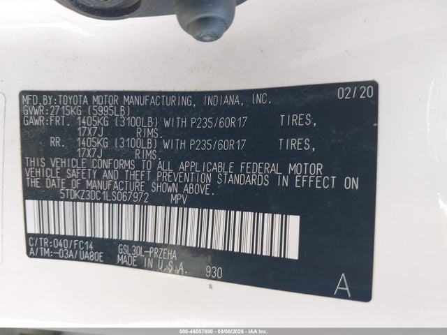 Продажа на аукционе авто 2020 Toyota Sienna Le, vin: 5TDKZ3DC1LS067972, номер лота: 46057880