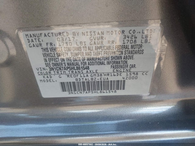 46057882 :رقم المزاد ، 3N1CN7AP5HL861548 vin ، 2017 Nissan Versa 1.6 Sv مزاد بيع