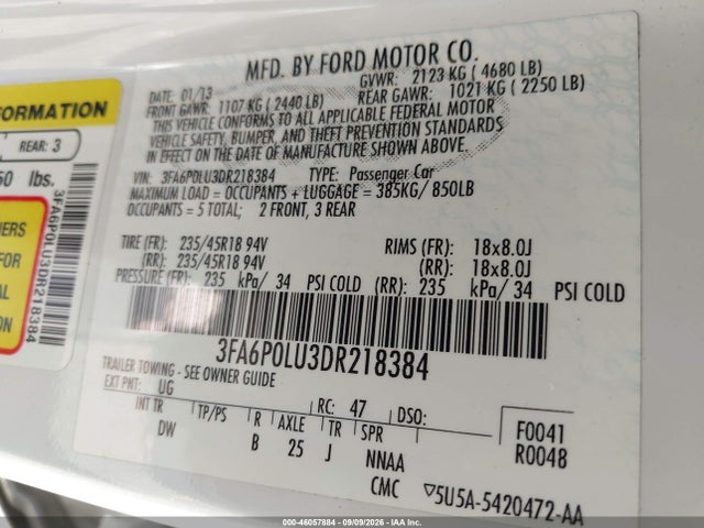 Продаж на аукціоні авто 2013 Ford Fusion Hybrid Se, vin: 3FA6P0LU3DR218384, номер лоту: 46057884