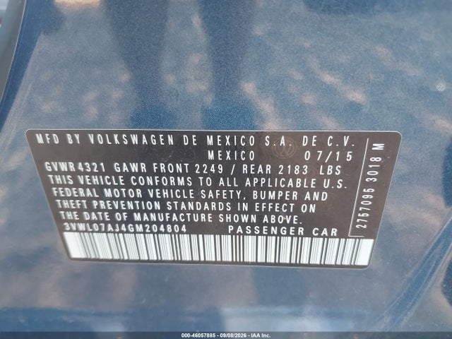 2016 Volkswagen Jetta 1.8t Sel მანქანა იყიდება აუქციონზე, vin: 3VWL07AJ4GM204804, აუქციონის ნომერი: 46057885