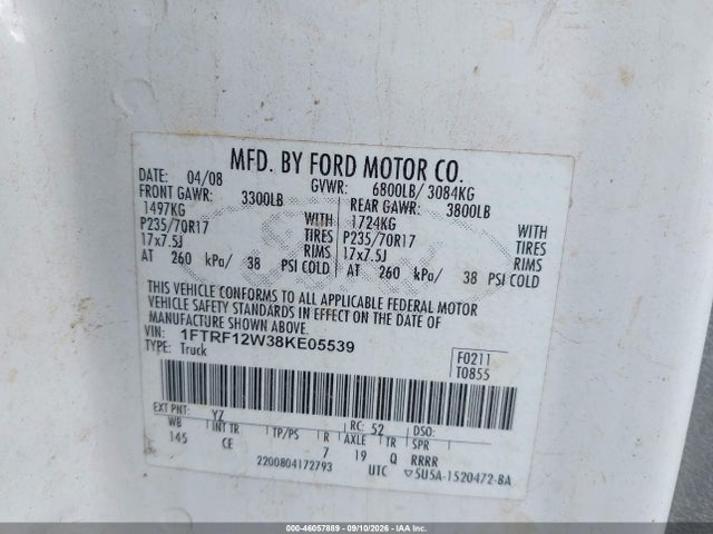 Aukcja sprzedaży 2008 Ford F-150 Fx2/stx/xl/xlt, vin: 1FTRF12W38KE05539, numer aukcji: 46057889