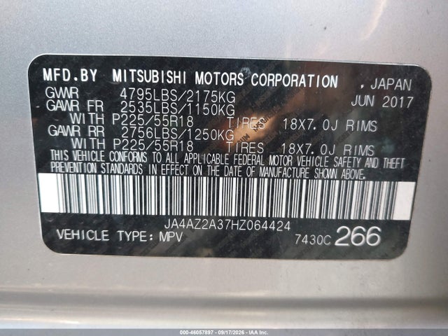 2017 Mitsubishi Outlander Es მანქანა იყიდება აუქციონზე, vin: JA4AZ2A37HZ064424, აუქციონის ნომერი: 46057897