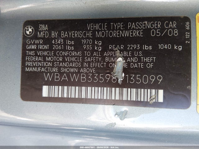 Aukcja sprzedaży 2008 Bmw 328i, vin: WBAWB33598P135099, numer aukcji: 46057901