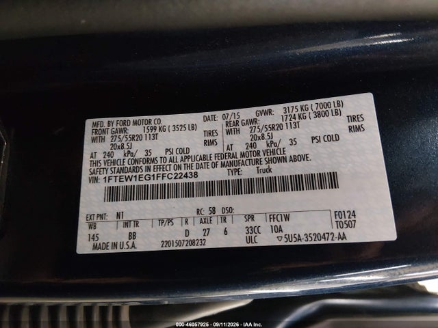 2015 Ford F-150 Platinum მანქანა იყიდება აუქციონზე, vin: 1FTEW1EG1FFC22438, აუქციონის ნომერი: 46057925
