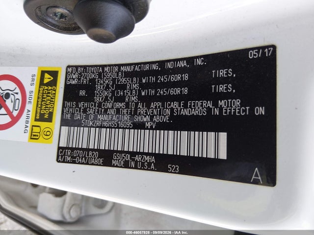 Продаж на аукціоні авто 2017 Toyota Highlander Xle, vin: 5TDKZRFH6HS516095, номер лоту: 46057928