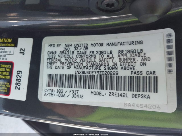 46057930 :رقم المزاد ، 1NXBU40E79Z020229 vin ، 2009 Toyota Corolla S مزاد بيع