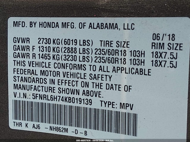 2019 Honda Odyssey Ex-l მანქანა იყიდება აუქციონზე, vin: 5FNRL6H74KB019139, აუქციონის ნომერი: 46057936