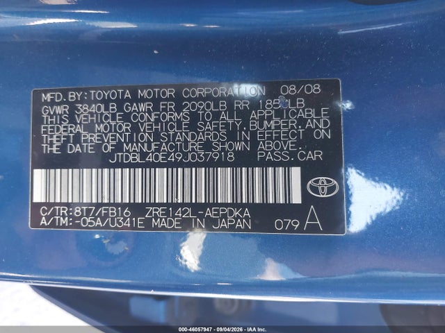 Продаж на аукціоні авто 2009 Toyota Corolla Le, vin: JTDBL40E49J037918, номер лоту: 46057947